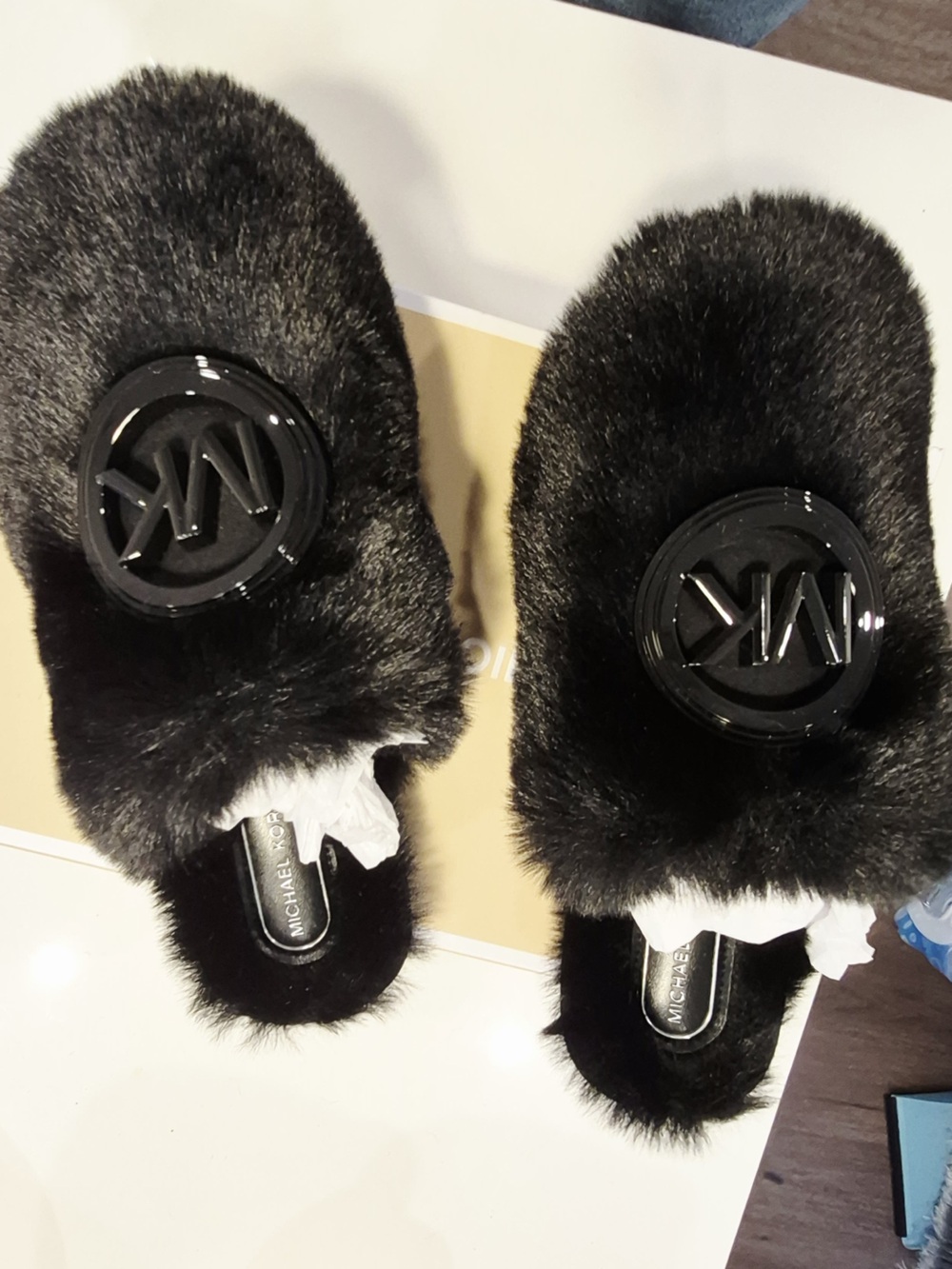 Michael Kors Kids Black Faux Fur Slip-On Mules with MK Emblem size 7